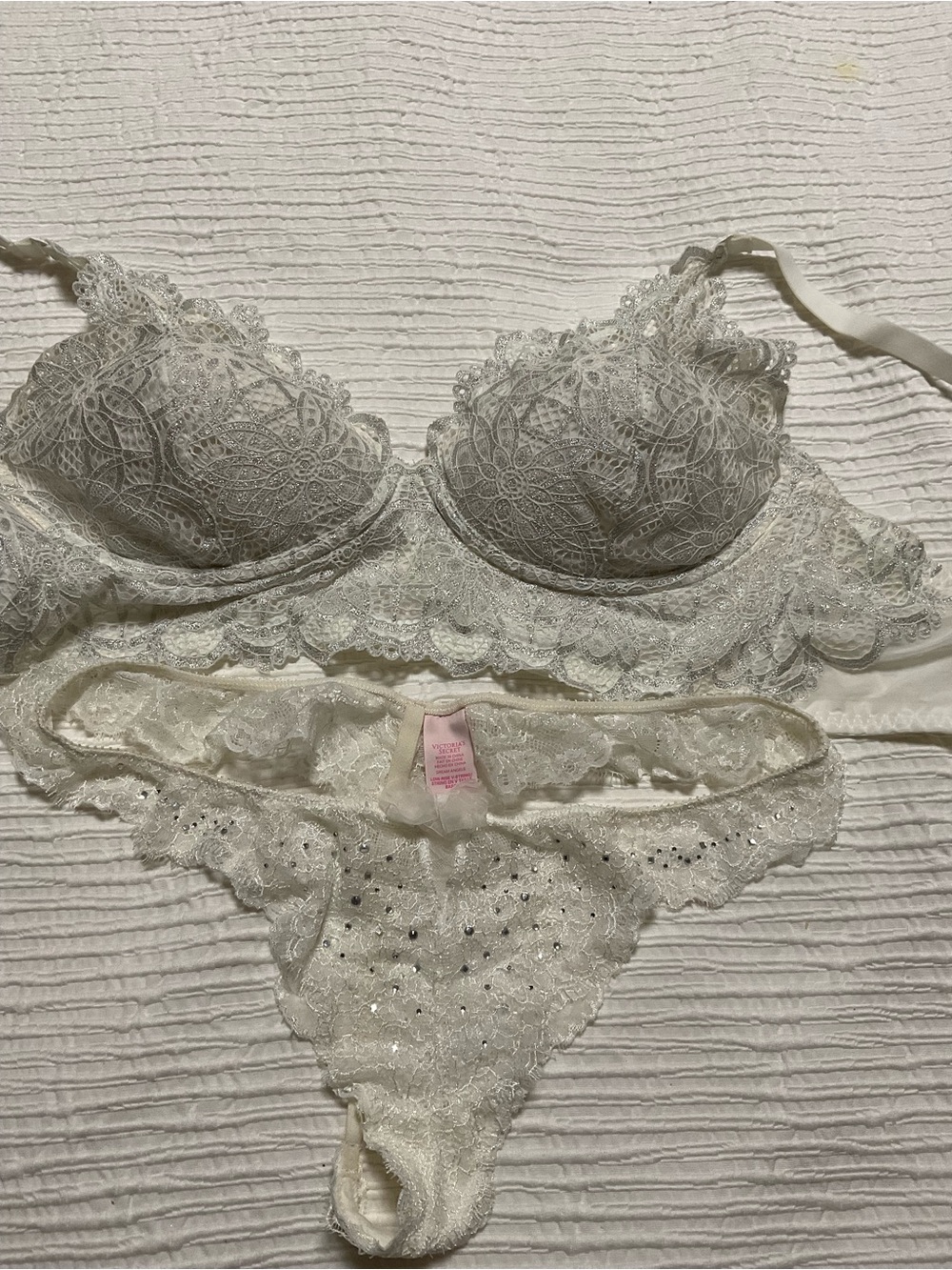 Victoria's Secret White Lace Bra and Rhinestone Thong Set